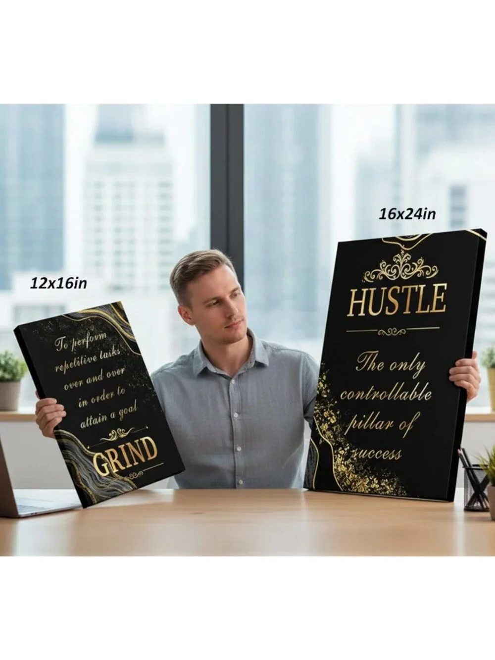 Set of 3 Black & Gold Inspirational Canvas Wall Art for Office Decor